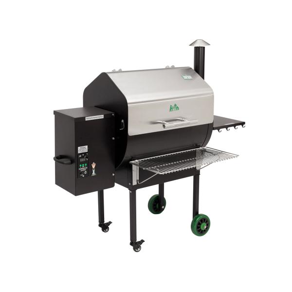 Wood-fired grill with stainless steel body, front shelf, and digital control panel, featured in Green Mountain Grills' overstock accessories sale.