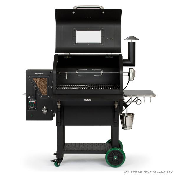 Wood-fired grill with rotisserie attachment and digital controls, designed for outdoor cooking enthusiasts.