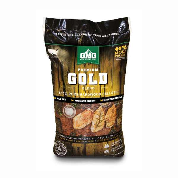 Premium Gold Blend hardwood pellets bag featuring 100% pure hardwood, including Red Oak, American Hickory, and Mountain Maple, designed for grilling and smoking.