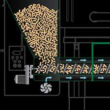 Diagram illustrating the pellet feed system in a Green Mountain Grill, showcasing the flow of wood pellets from the hopper to the auger mechanism.