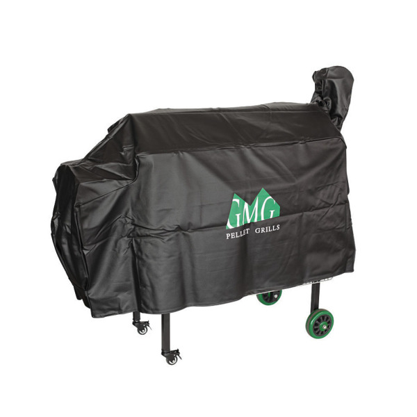 Black grill cover with GMG logo, designed for pellet grills, showcasing durability and protection for outdoor cooking equipment.