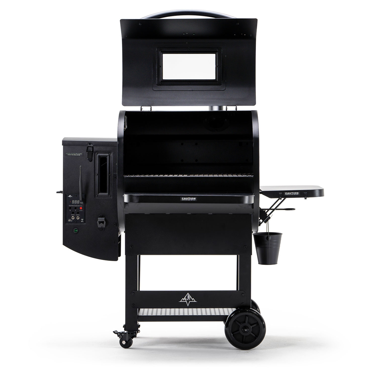 Ledge PRIME 2.0 WiFi smart-controlled grill in black, featuring a digital control panel, open lid, and side shelf, showcasing premium outdoor cooking design for Green Mountain Grills.