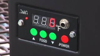 Digital control panel of a Green Mountain Grill displaying temperature settings and operational indicators for food and power.