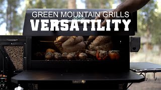 Green Mountain Grills showcasing versatility with rotisserie cooking and grilled vegetables in a pellet grill.