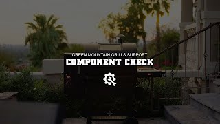 Green Mountain Grills support graphic featuring a component check for pellet grills, set outdoors with palm trees in the background.