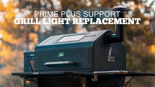 Green Mountain Grills Prime Plus Support image featuring a pellet grill with text overlay "Grill Light Replacement," showcasing grilling equipment for instructional video content.