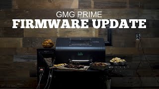 GMG Prime grill with text overlay "FIRMWARE UPDATE," showcasing grilling features and maintenance for Green Mountain Grills support.