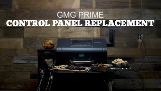 GMG Prime control panel replacement on a Green Mountain Grill with food items displayed, highlighting maintenance and support for grilling products.