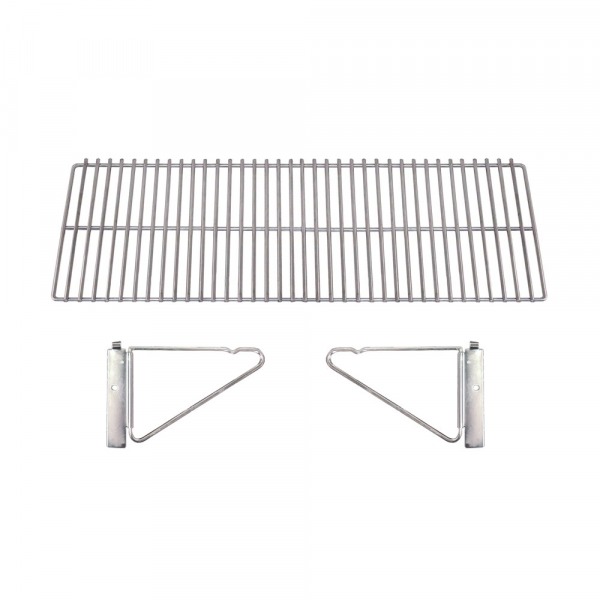 Front shelf accessory for Green Mountain Grills, featuring a stainless steel grate and two metal brackets for attachment, ideal for enhancing grilling experience.
