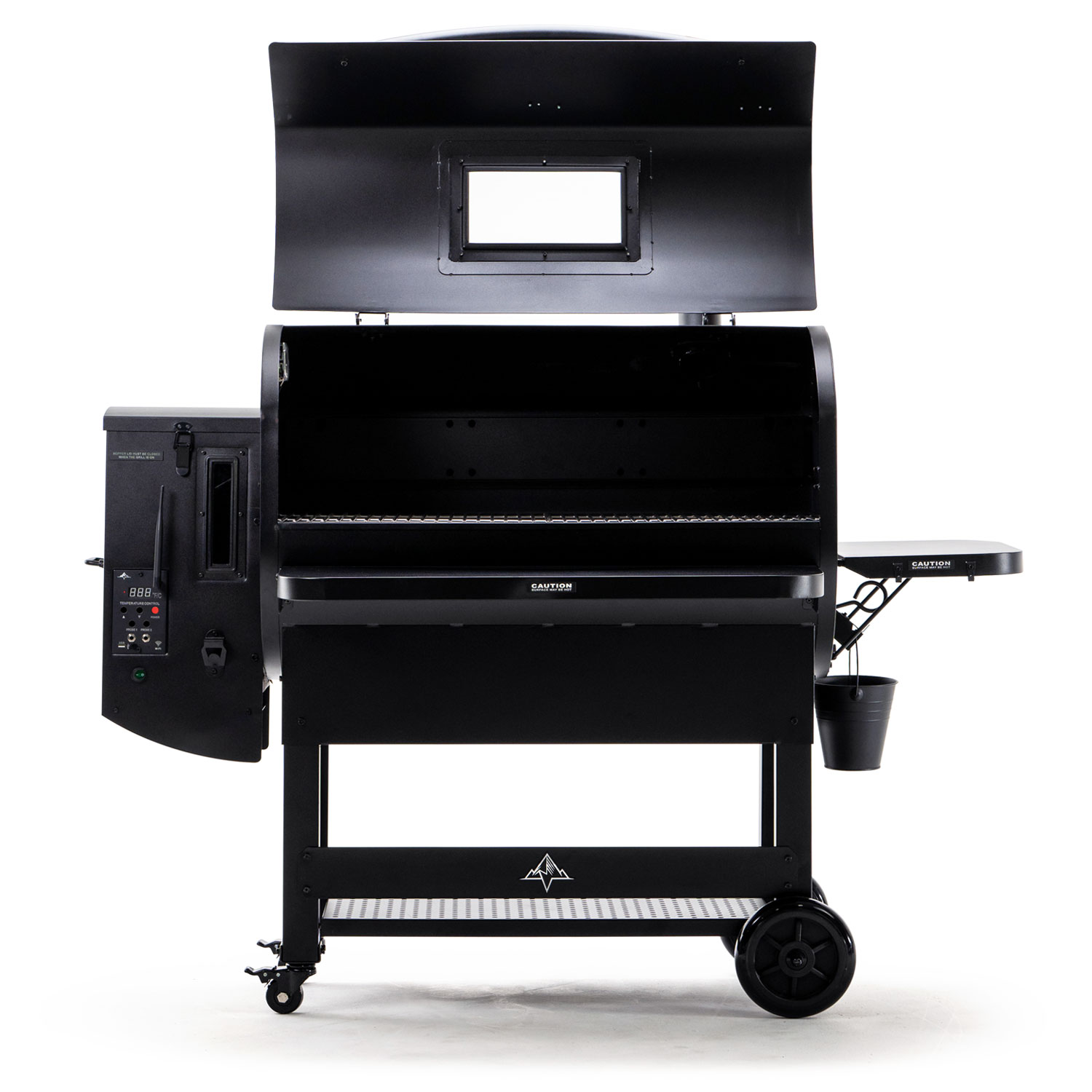 WiFi Smart Controlled PEAK PRIME 2.0 grill in black, featuring an open lid, digital control panel, and side shelf, showcasing high-quality grilling capabilities.