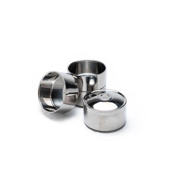 Stainless steel food containers arranged in a stack, showcasing a modern design for grilling accessories.