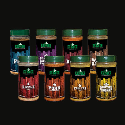 Assorted Green Mountain Grills spice rub jars featuring flavors like Fish, Sizzle, Pork, Poultry, and South Border, displayed against a black background.