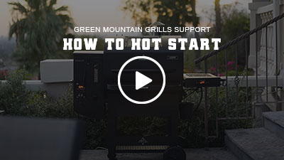 Green Mountain Grills support video thumbnail showing a pellet grill with play button, titled "How to Hot Start," set in an outdoor environment.