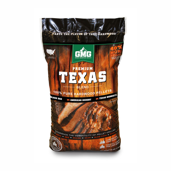 Premium Texas Blend hardwood pellets bag featuring 100% pure hardwood, including black oak and American hickory, emphasizing grilling versatility and flavor enhancement.