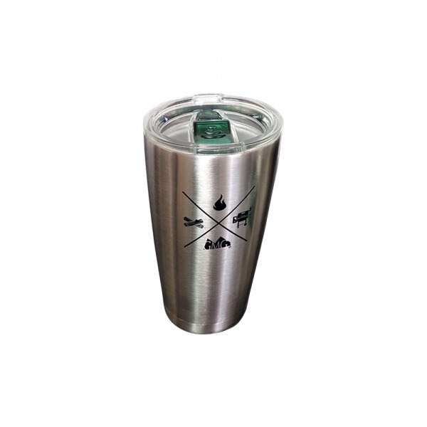 Stainless steel tumbler featuring Green Mountain Grills logo and outdoor grilling icons, designed for grilling enthusiasts.
