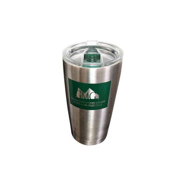 Stainless steel tumbler featuring Green Mountain Grills logo, designed for beverages, enhancing outdoor grilling experience.